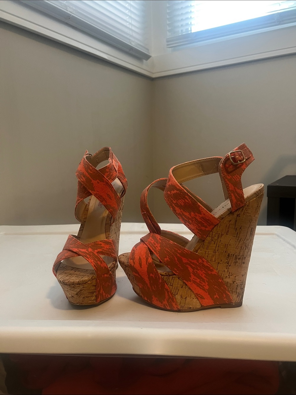 JustFab Orange Patterned Cork Wedge Sandals